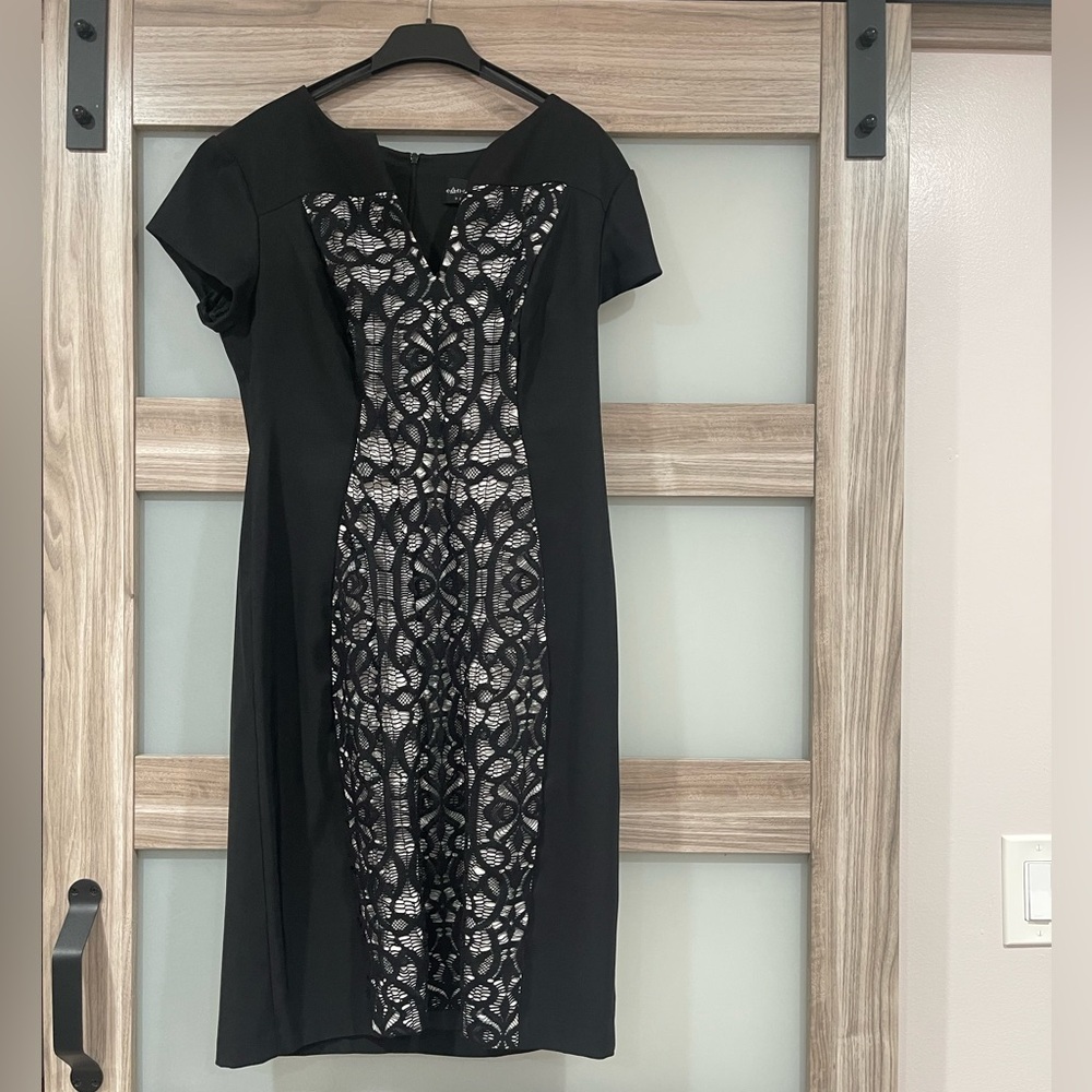 Connected Apparel Black Sheath Midi Dress V-Neck Short Sleeve